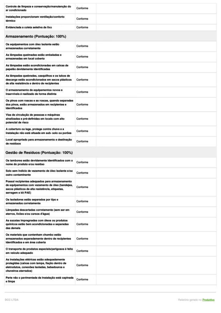 Modelo de relatório ambiental simplificado gerado no sistema do Produttivo com questões de não conformidade, registros fotográficos e recursos antifraude, página 02