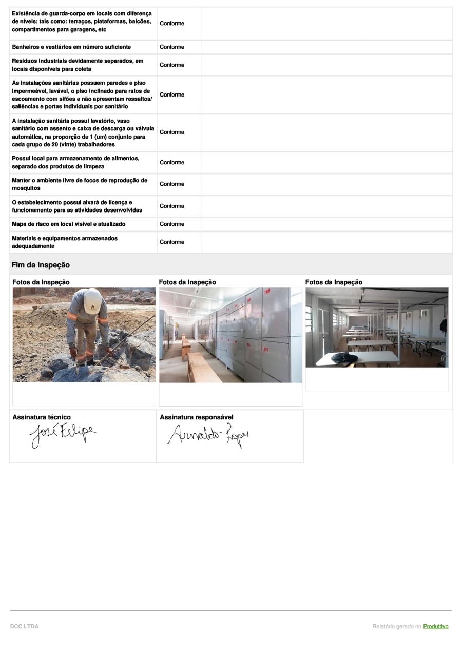 Modelo de relatório ambiental simplificado gerado no sistema do Produttivo com questões de não conformidade, registros fotográficos e recursos antifraude, página 04