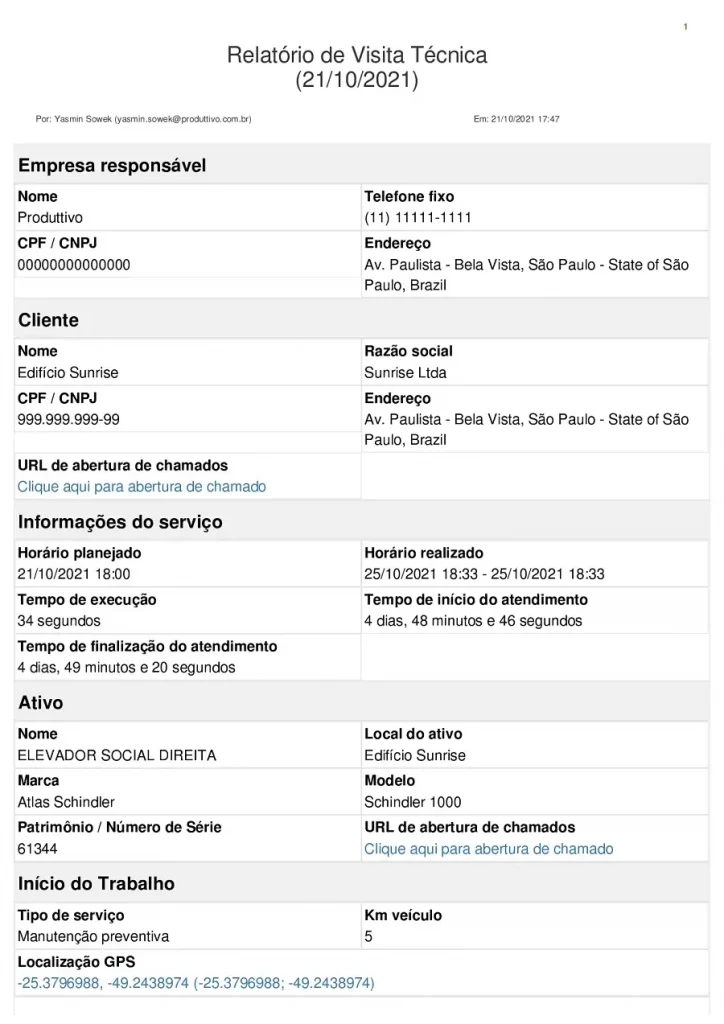 Modelo digital de relatório de inspeção técnica gerado no Produttivo com fotos tiradas na hora, preenchimento automático de informações e mais, página 01