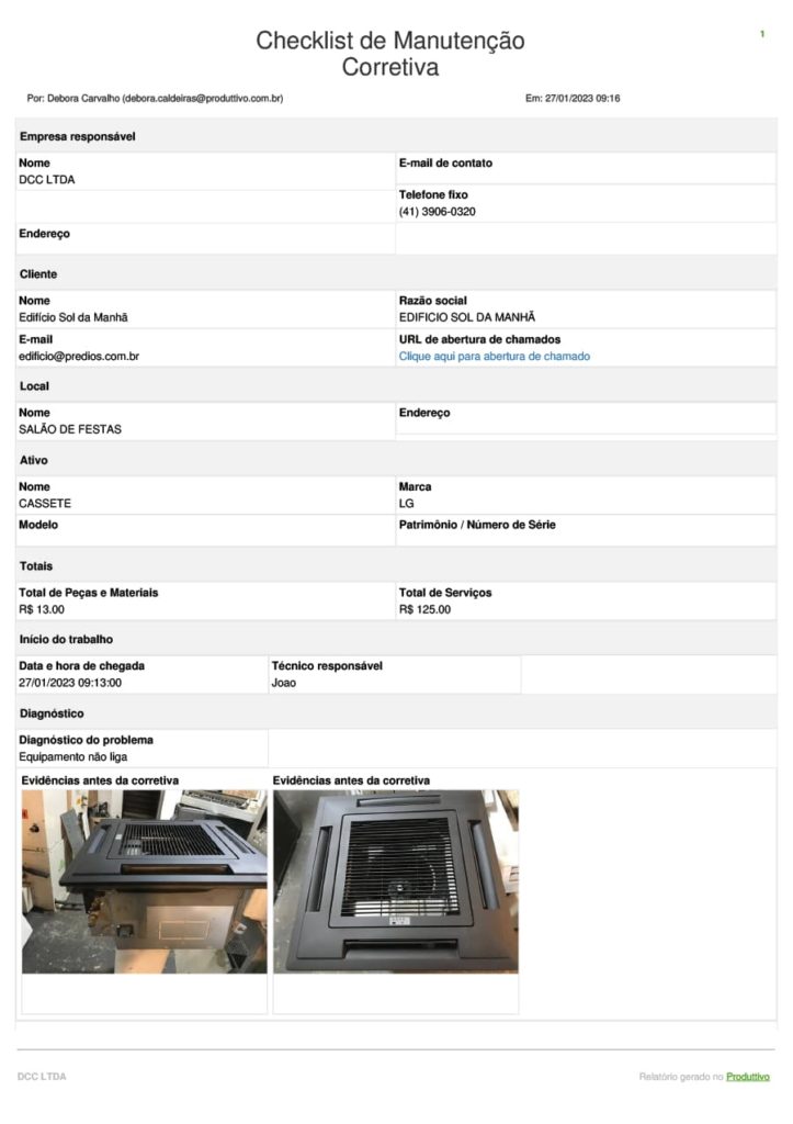 Modelo de checklist de manutenção corretiva disponível para uso no sistema do Produttivo, página 01