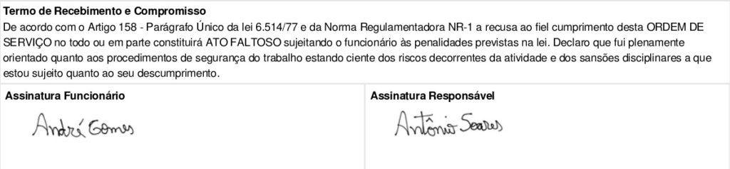 Exemplo de termo de responsabilidade para incluir na ordem de serviço segurança do trabalho