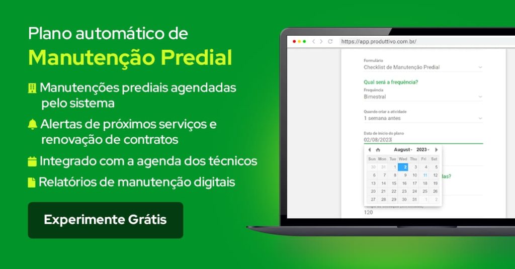 Conheça o plano de manutenção predial automático do Produttivo com manutenções agendadas pelo próprio sistema, relatórios de manutenção digitais e mais!