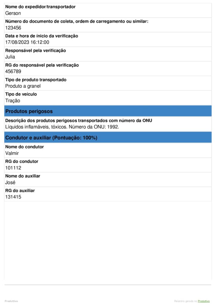 Modelo de checklist de transporte de produtos perigosos com questões de conformidade gerado no Produttivo, página 02