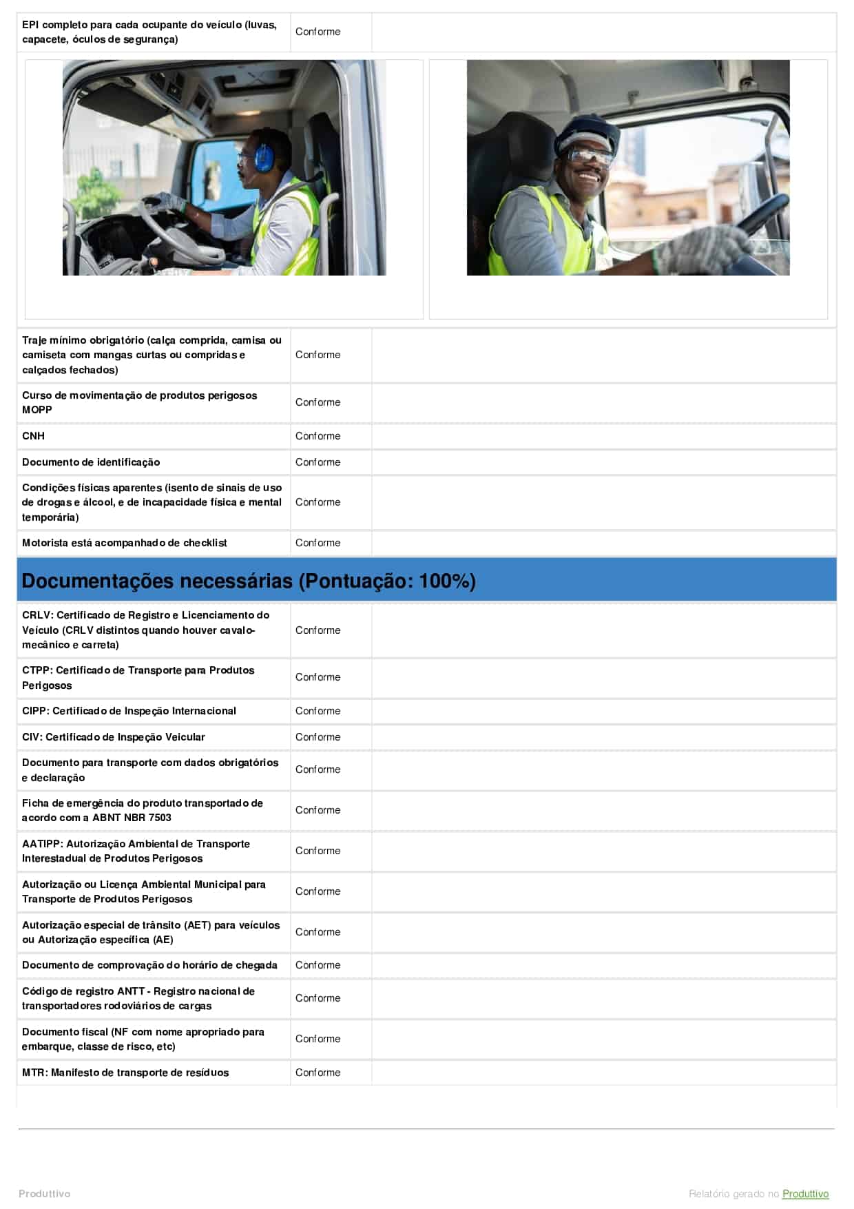 Modelo de checklist de transporte de produtos perigosos com questões de conformidade gerado no Produttivo, página 03