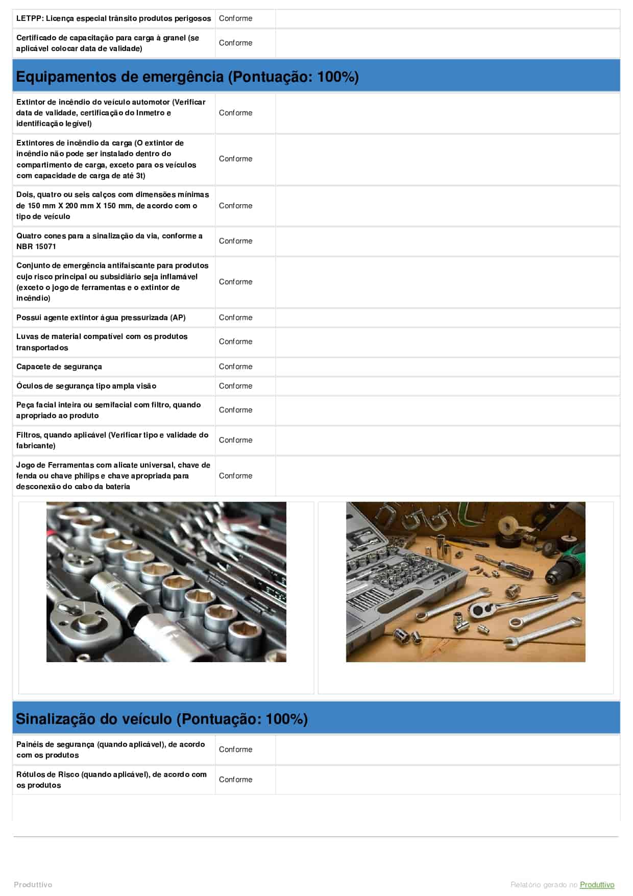 Modelo de checklist de transporte de produtos perigosos com questões de conformidade gerado no Produttivo, página 04