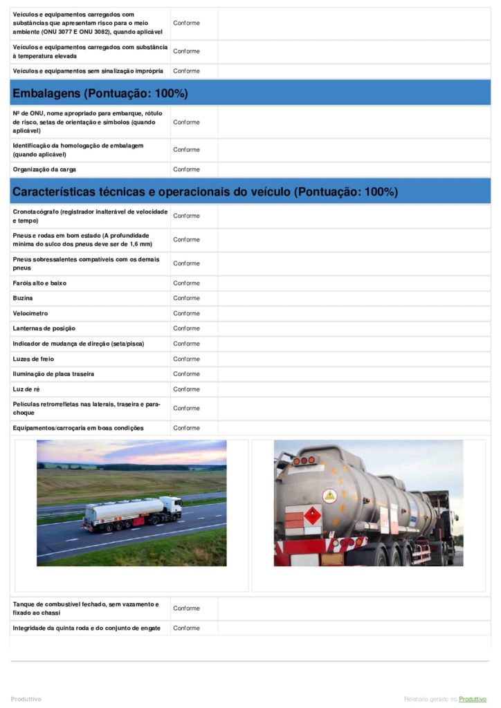 Modelo de checklist de transporte de produtos perigosos com questões de conformidade gerado no Produttivo, página 06