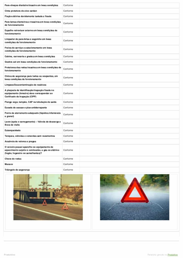 Modelo de checklist de transporte de produtos perigosos com questões de conformidade gerado no Produttivo, página 05