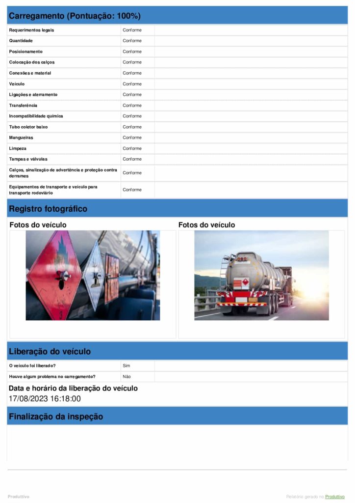 Modelo de checklist de transporte de produtos perigosos com questões de conformidade gerado no Produttivo, página 07