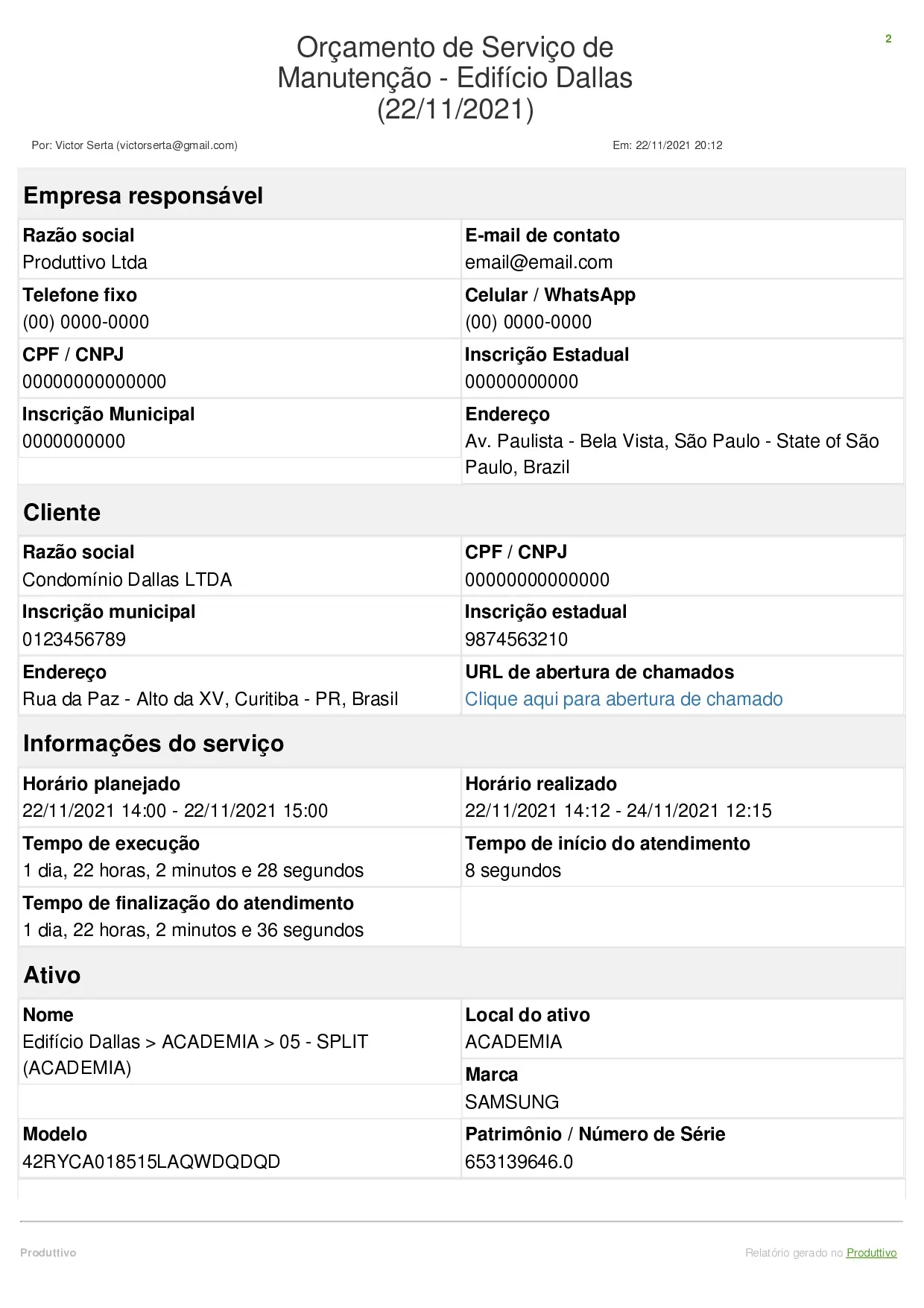 Exemplo de modelo de orçamento de serviço digital criado no Produttivo com recursos de cálculo automático, página 01