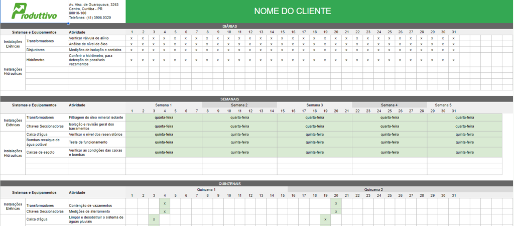 Imagem do plano de manutenção predial conforme NBR 5674 em excel para baixar gratuitamente