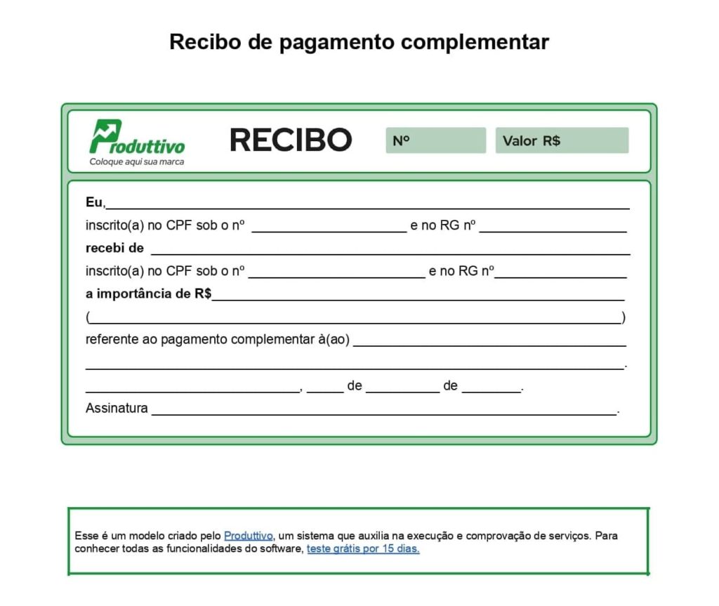 Modelo de Recibo de prestação de serviço para pagamento complementar em Word pronto para baixar gratuitamente e imprimir