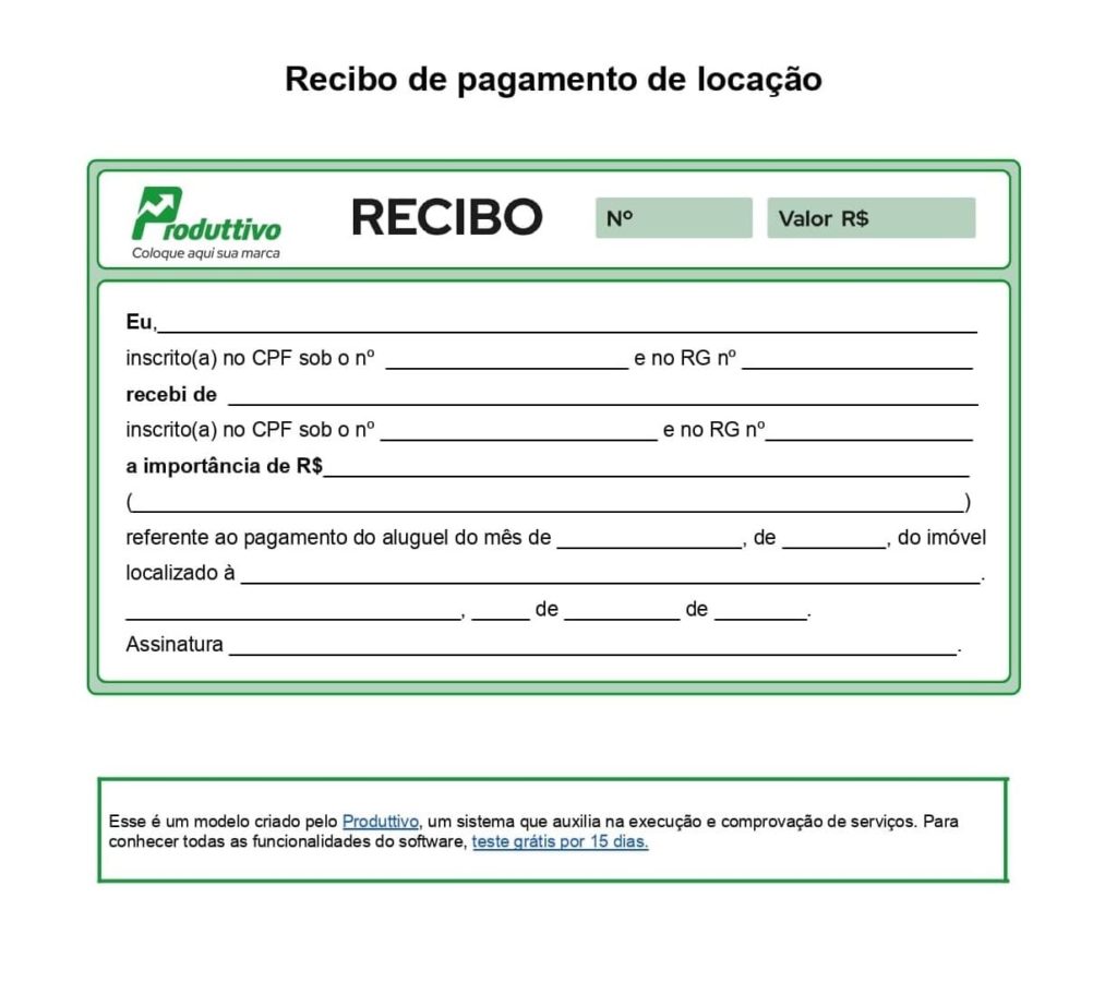 Modelo de Recibo de prestação de serviço para pagamento de locação em Word pronto para baixar gratuitamente e imprimir