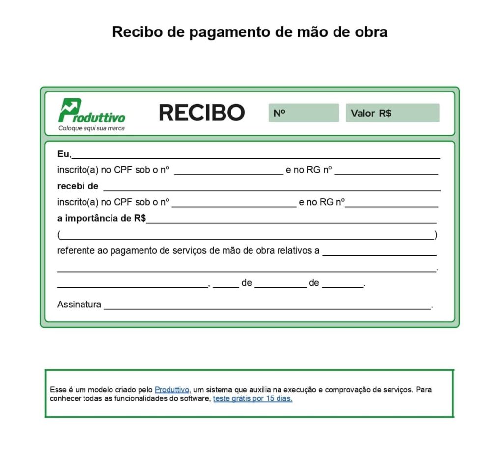 Modelo de Recibo de prestação de serviço para pagamento de mão de obra em Word pronto para baixar gratuitamente e imprimir