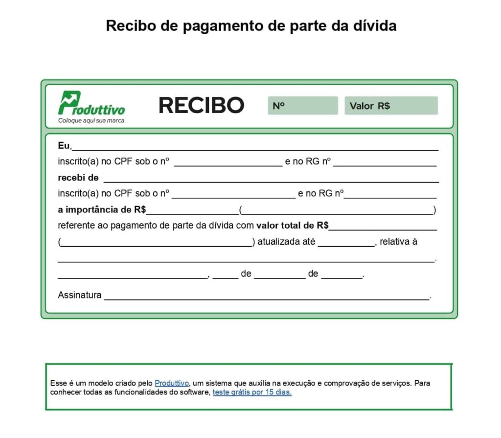 Modelo de Recibo de prestação de serviço para pagamento de parte de dívida em Word pronto para baixar gratuitamente e imprimir