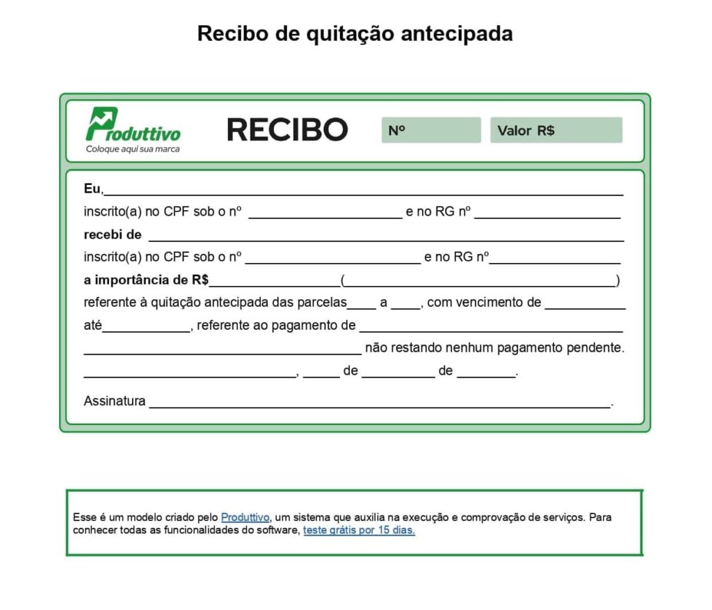 Modelo de Recibo de prestação de serviço para quitação antecipada em Word pronto para baixar gratuitamente e imprimir