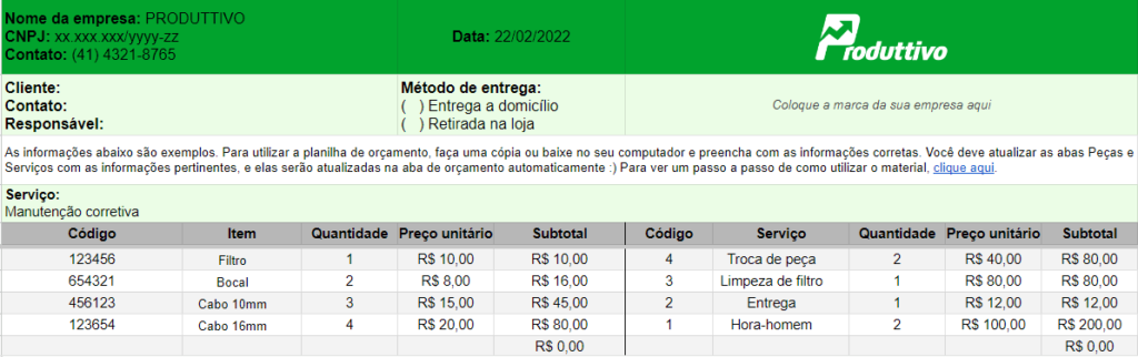 Exemplo do modelo de planilha de orçamento para baixar gratuitamente 