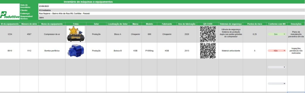 planilha em excel kit inventário de máquinas e equipamentos