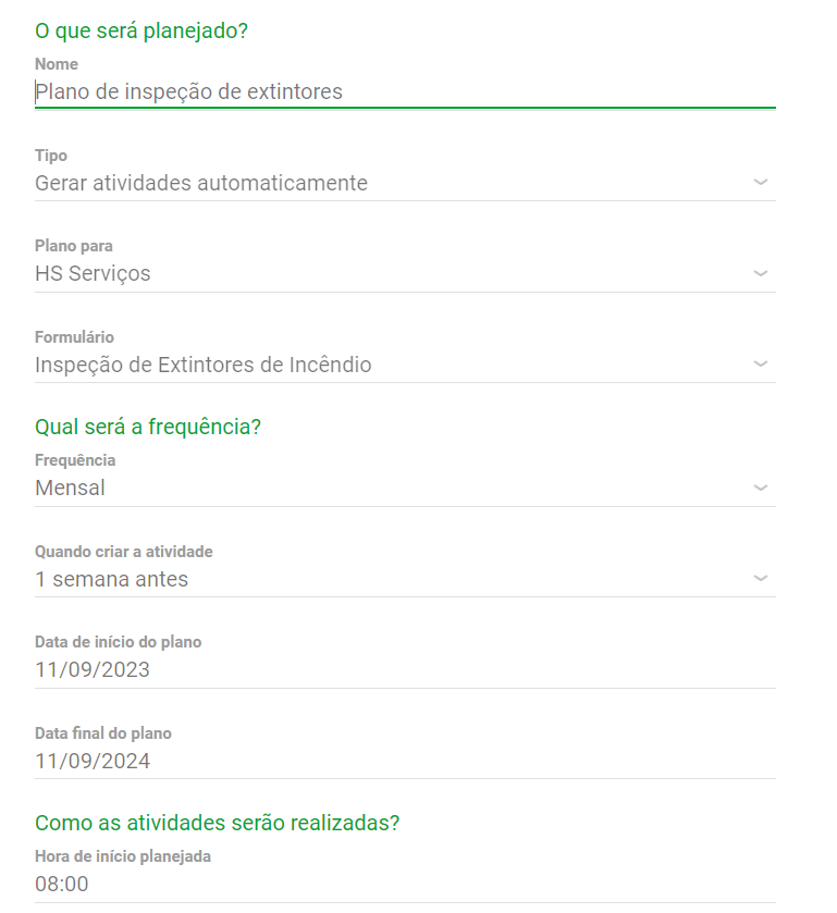 plano de inspeção de extintores automático