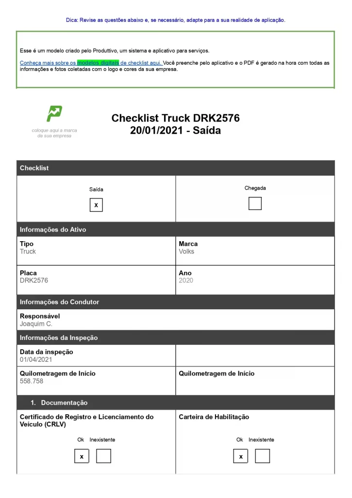 Exemplo de checklist de entrada e saída de veículos em Word para caminhão, pronto para baixar, página 01