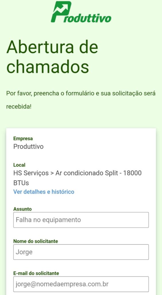 Exemplo de solicitação de serviço do Produttivo 01