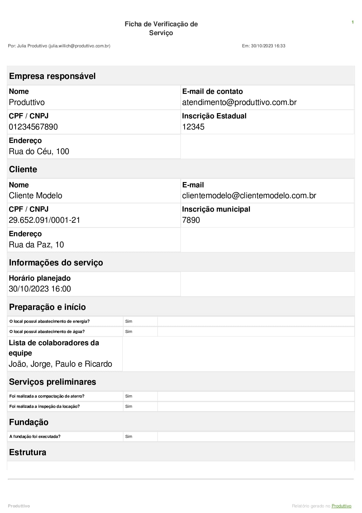 Modelo de ficha de verificação de serviço digital pronta para usar no sistema do Produttivo, página 01