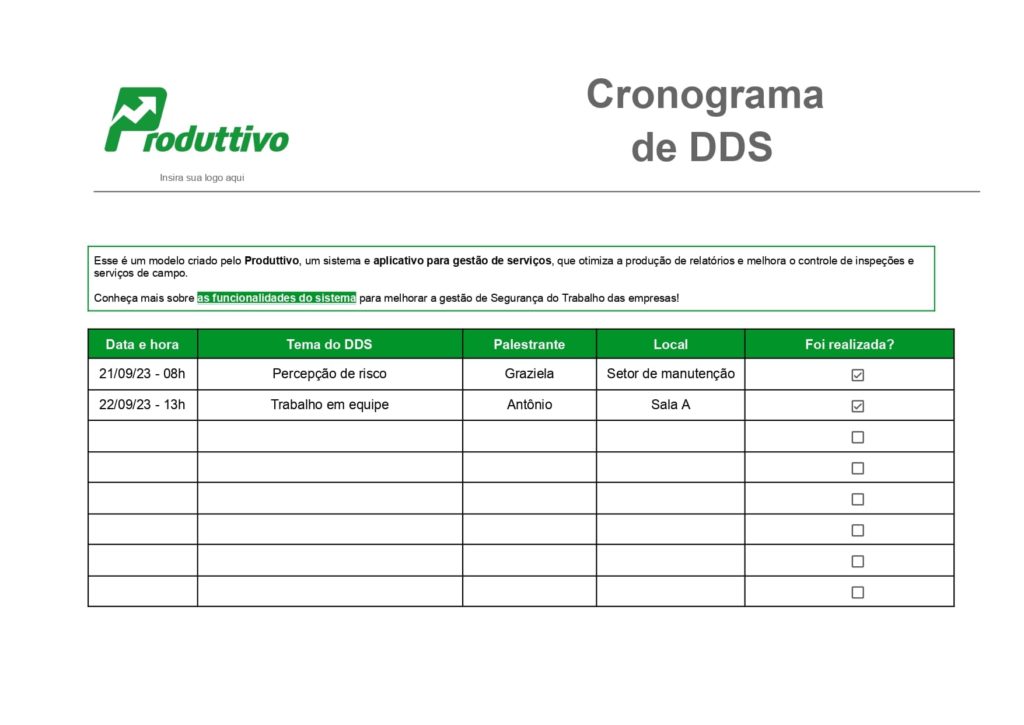 Modelo de cronograma de DDS em Word para baixar gratuitamente