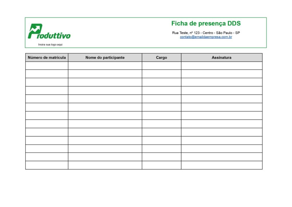 Modelo de ficha de presença DDS e treinamento de segurança do trabalho pronta para baixar, página 02