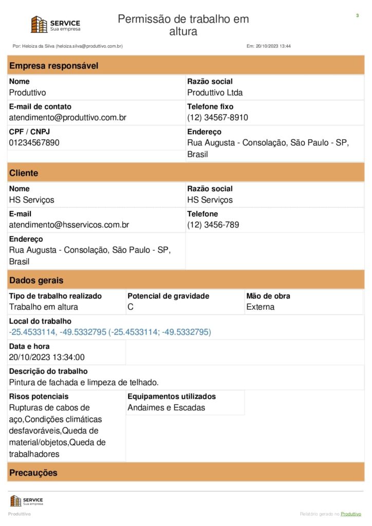 Modelo de permissão de trabalho em altura PDF para usar no sistema do Produttivo, página 01