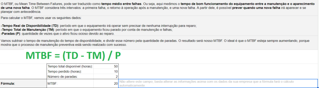 Planilha indicadores de manutenção com cálculo automático de MTBF