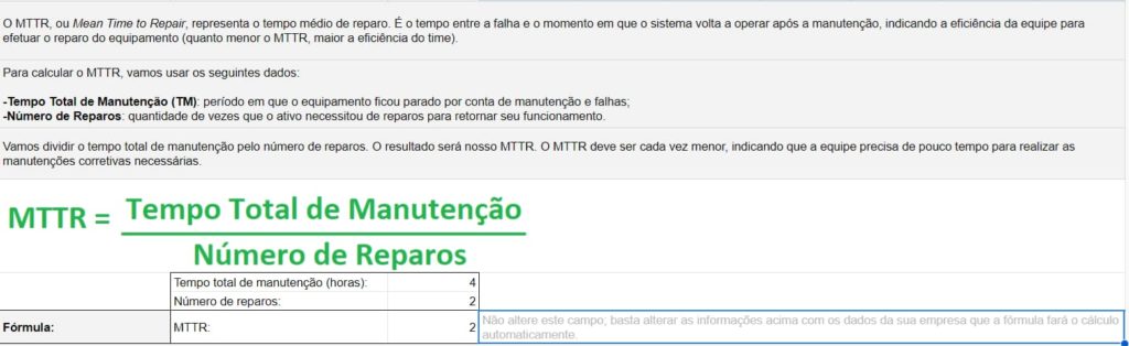 Planilha indicadores de manutenção com cálculo automático de MTTR