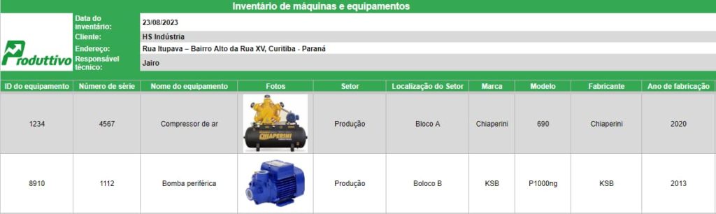 Exemplo da planilha de inventário para controle de ferramentas, máquinas e equipamentos