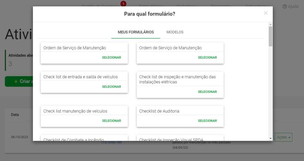 Exemplo de como funciona o encaminhamento da demanda ao responsável técnico no sistema de chamados do Produttivo, escolha do relatório que deve ser respondido 