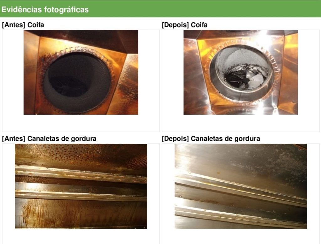 Exemplo de evidências fotográfica de laudo de limpeza de coifa 