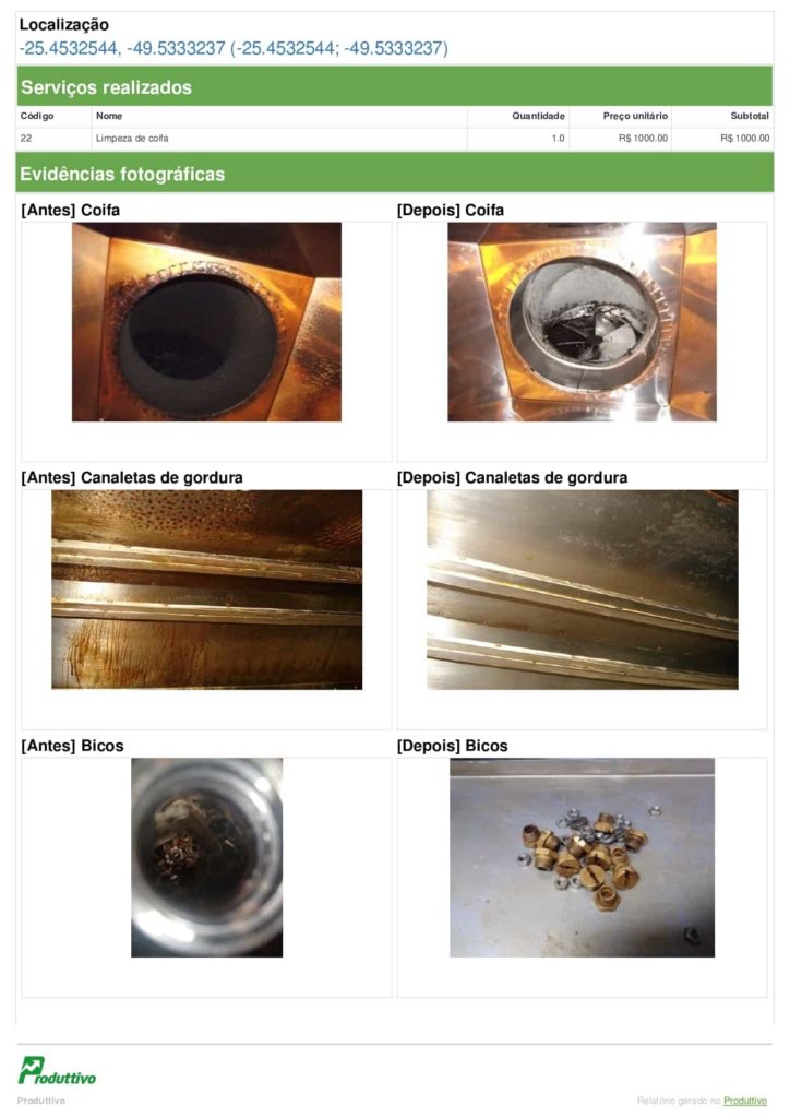 Exemplo de relatório para manutenção e limpeza de coifa gerado no Produttivo 02