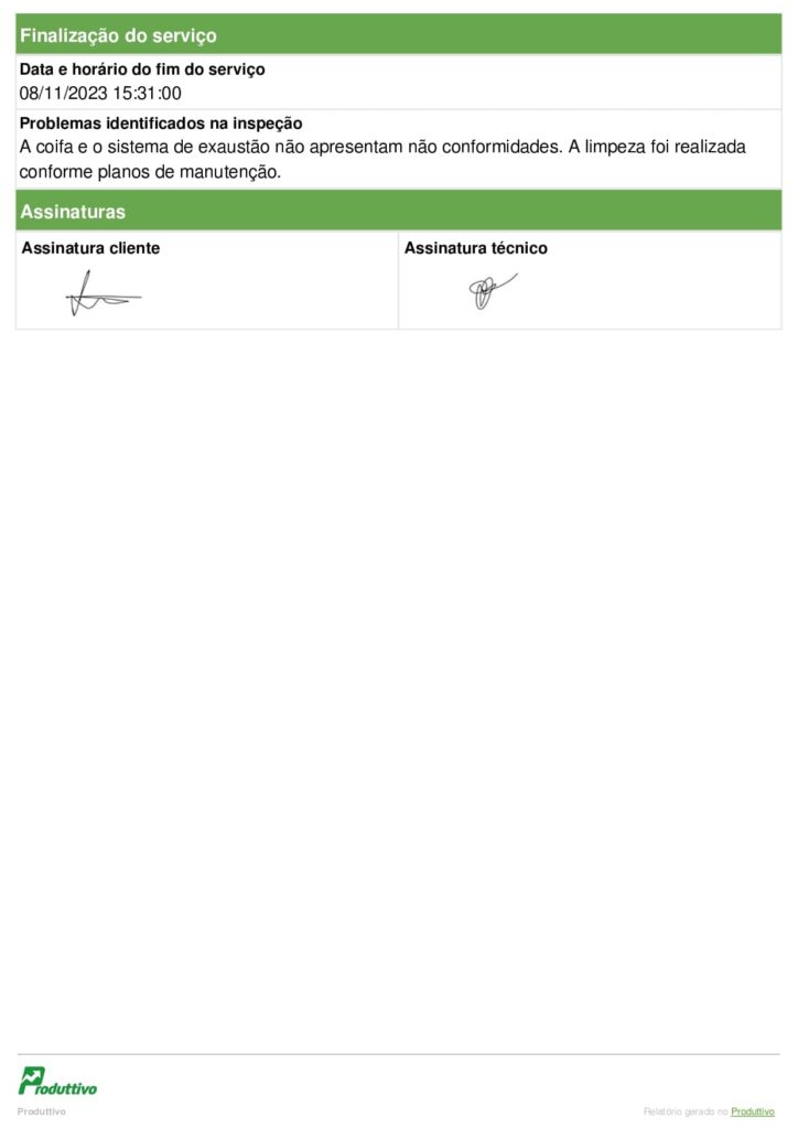 Exemplo de relatório para manutenção e limpeza de coifa gerado no Produttivo 04