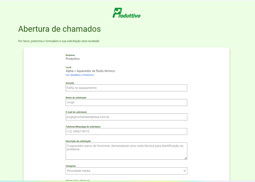 Exemplo 01 de como a página de abertura de chamados do Produttivo pode ser personalizada