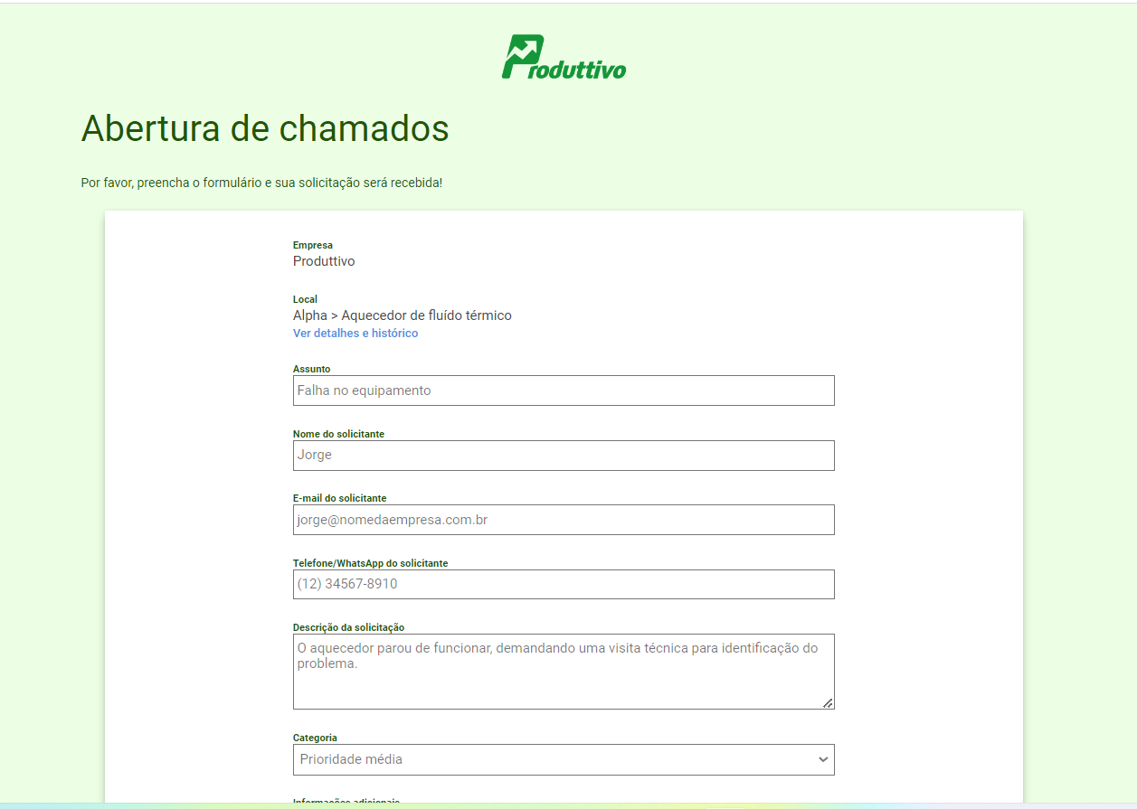 Exemplo 01 de como a página de abertura de chamados do Produttivo pode ser personalizada 