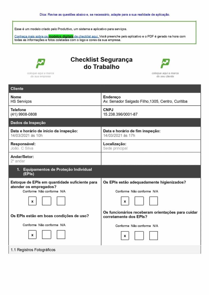 Modelo de checklist de segurança do trabalho pronto bara baixar de graça, página 01