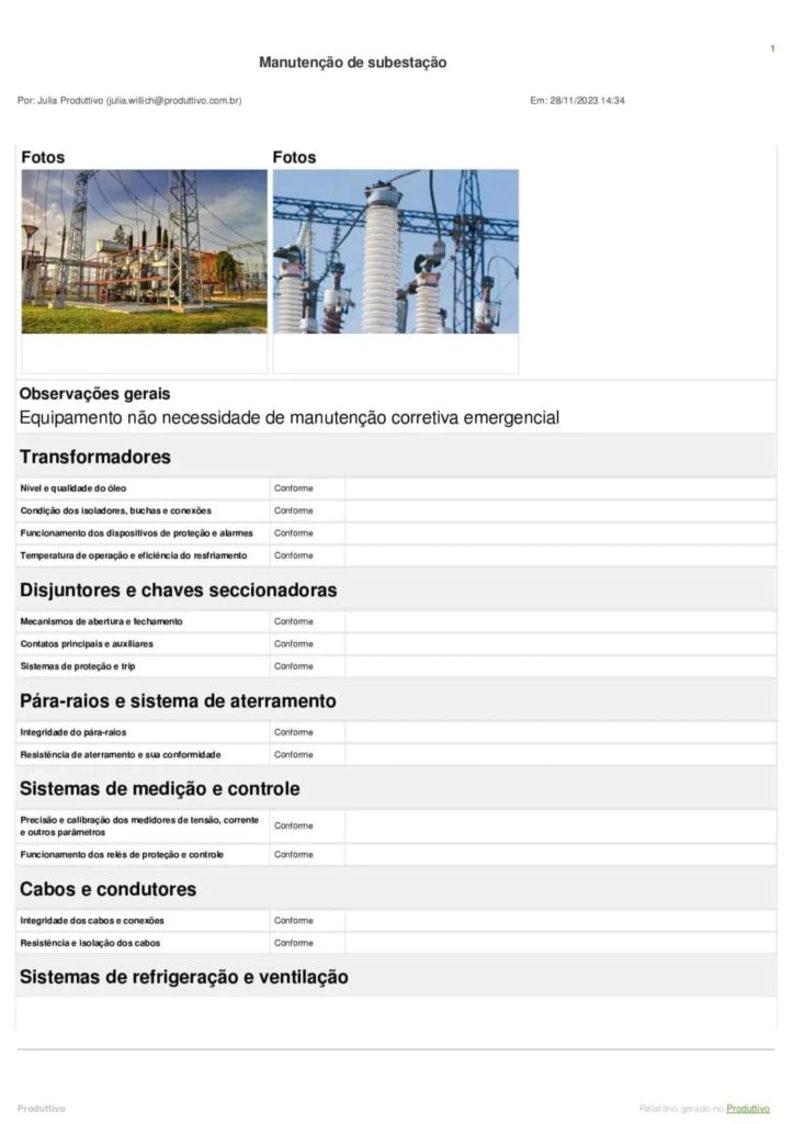 Modelo de Checklist de manutenção de subestação pronto para usar e editar no sistema do Produttivo 02