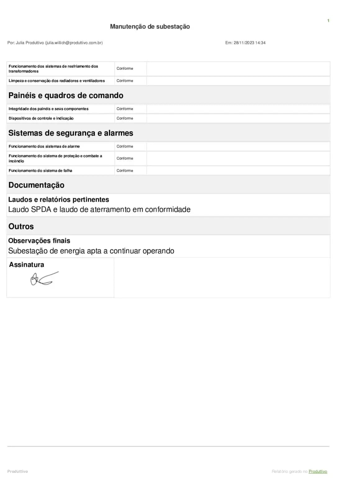 Modelo de Checklist de manutenção de subestação pronto para usar e editar no sistema do Produttivo 03