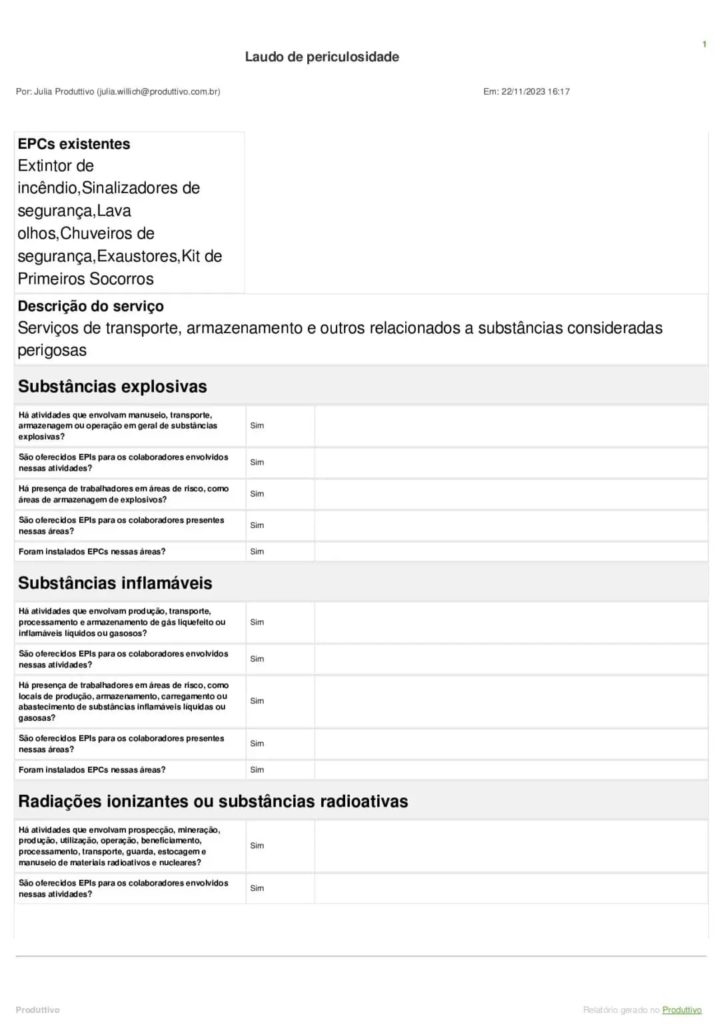 Modelo de laudo de periculosidade digital pronto para usar e editar no sistema do Produttivo 02