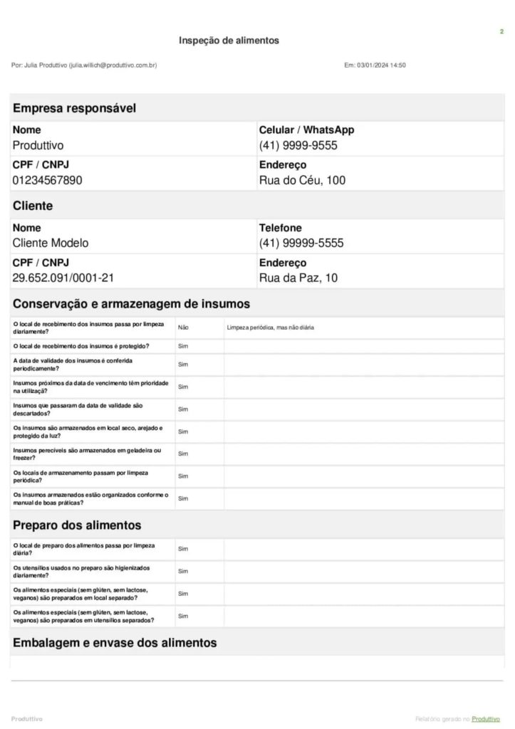 Checklist de inspeção de alimentos digital para usar no sistema do Produttivo 01