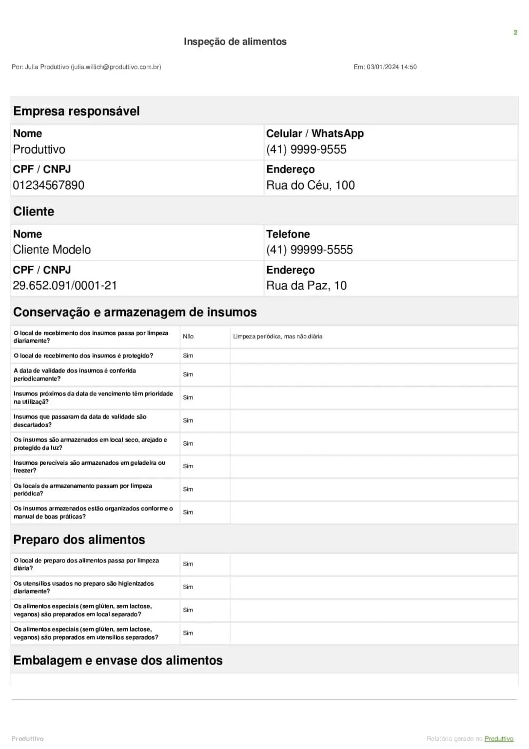 Checklist de inspeção de alimentos digital para usar no sistema do Produttivo 01