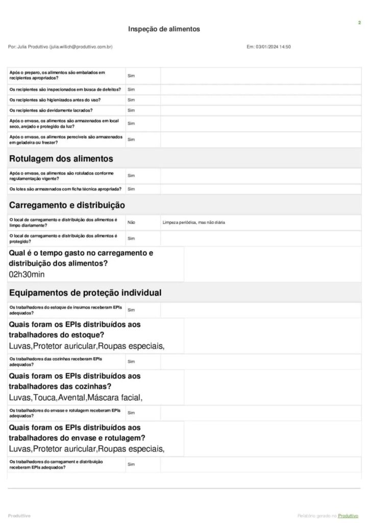 Checklist de inspeção de alimentos digital para usar no sistema do Produttivo 02