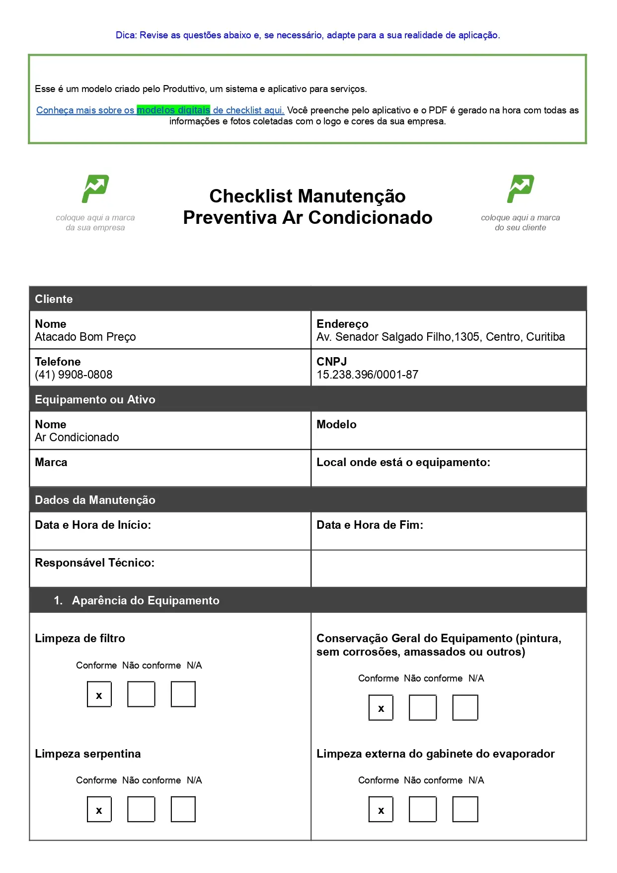 Modelo de checklist de manutenção de ar condicionado Word pronto para baixar de graça 01