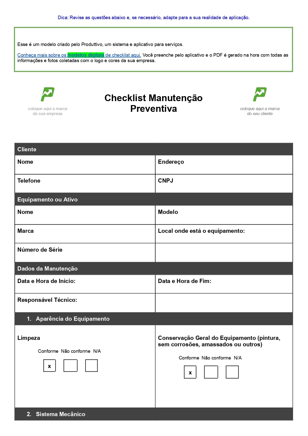 Modelo de checklist de manutenção preventiva em Word para baixar de graça, página 01