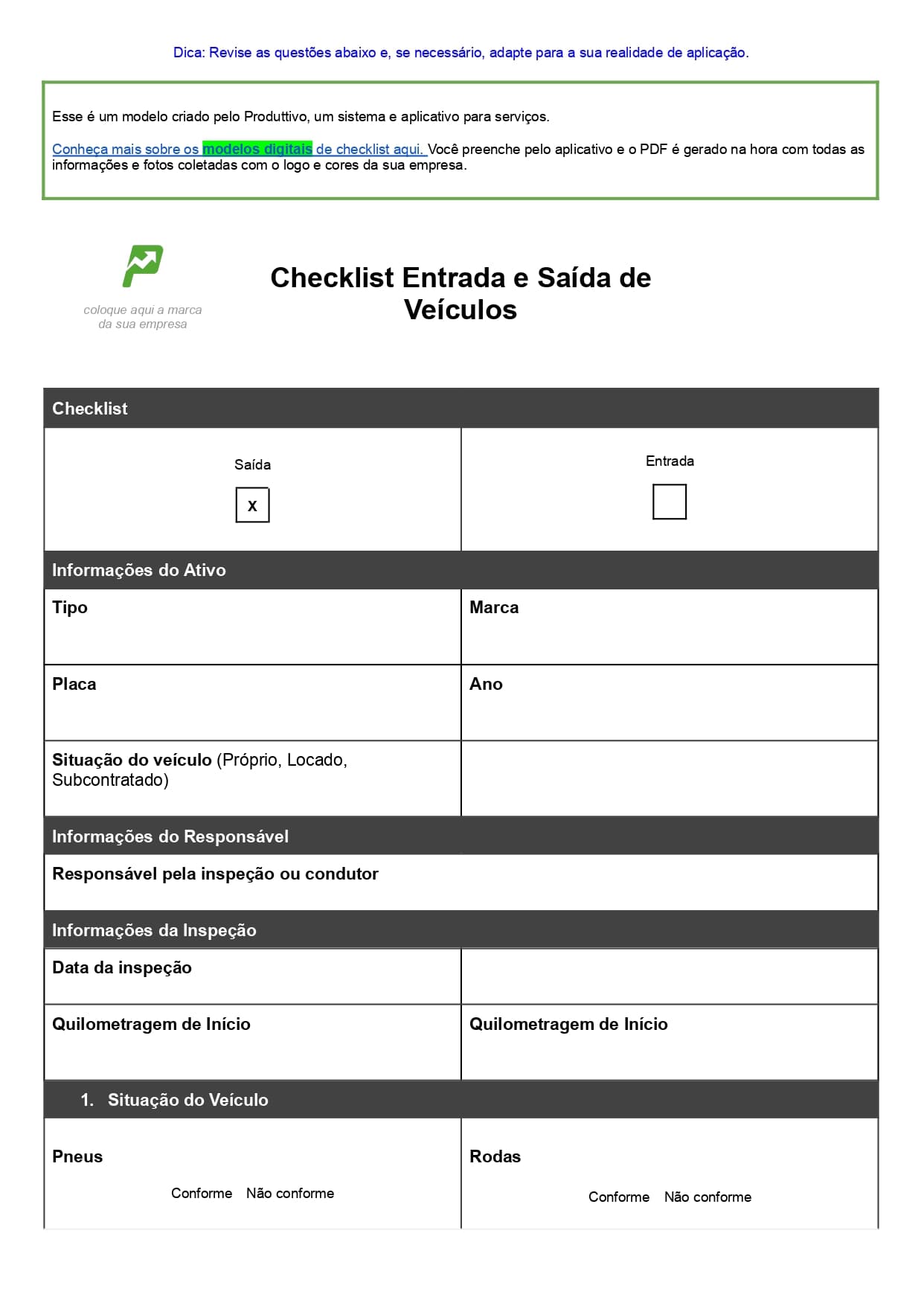 Modelo de checklist de veículos em Word pronto para baixar de graça 01