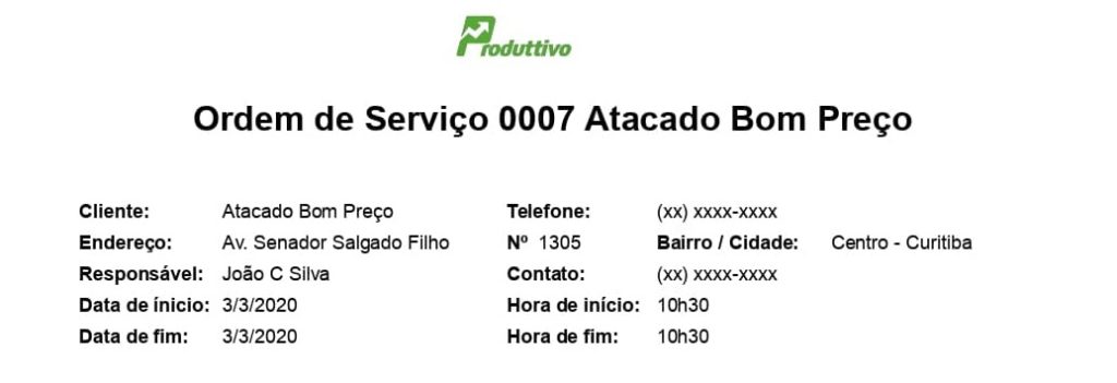 Exemplo de Informações sobre a visita e responsáveis que pode ser incluída na ordem de serviço