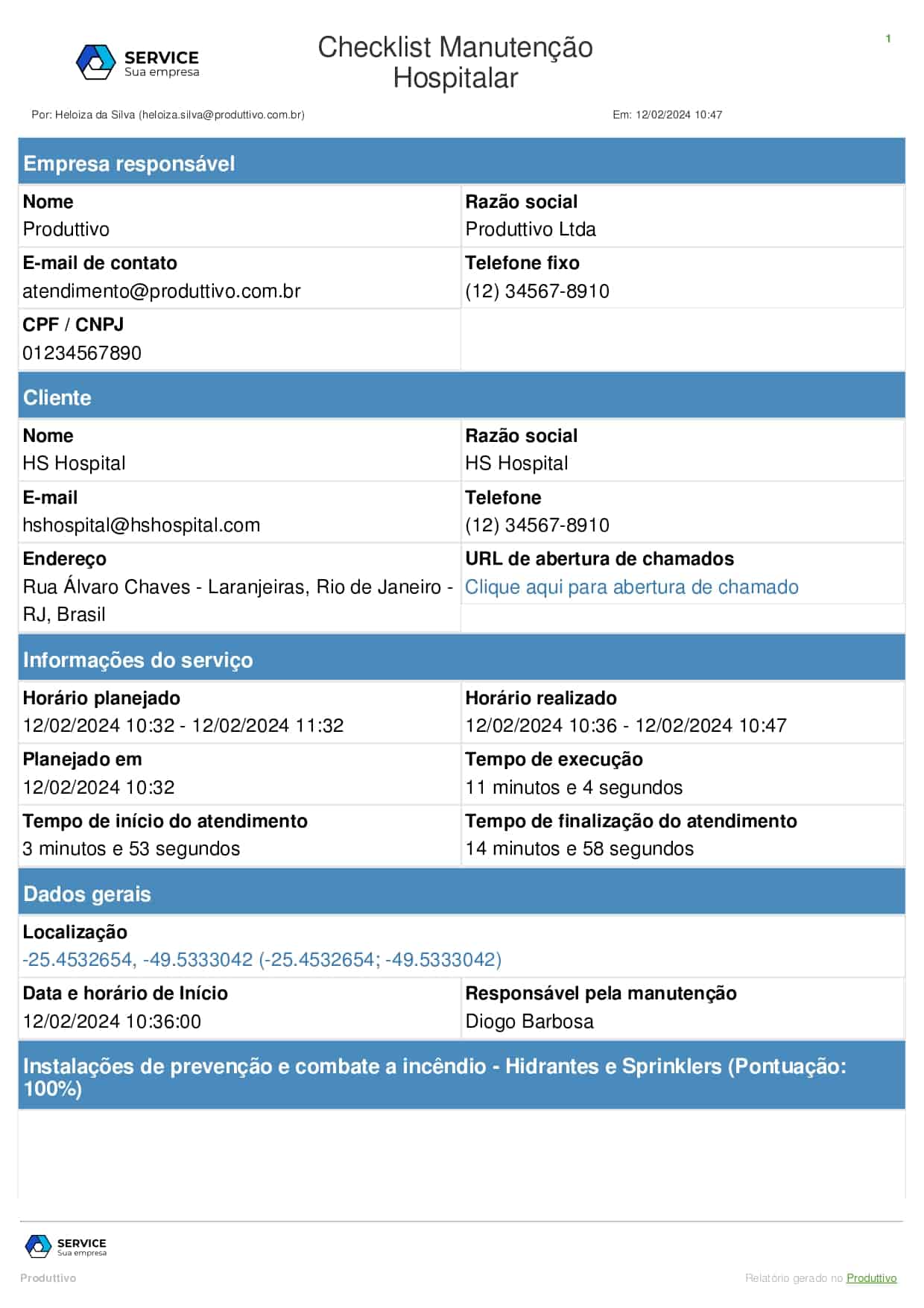 Exemplo de modelo de checklist de manutenção hospitalar digital para usar no sistema do Produttivo, página 01