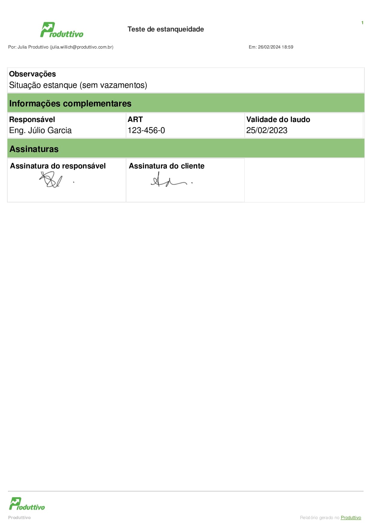 Modelo de laudo de estanqueidade digital para usar no sistema do Produttivo 02